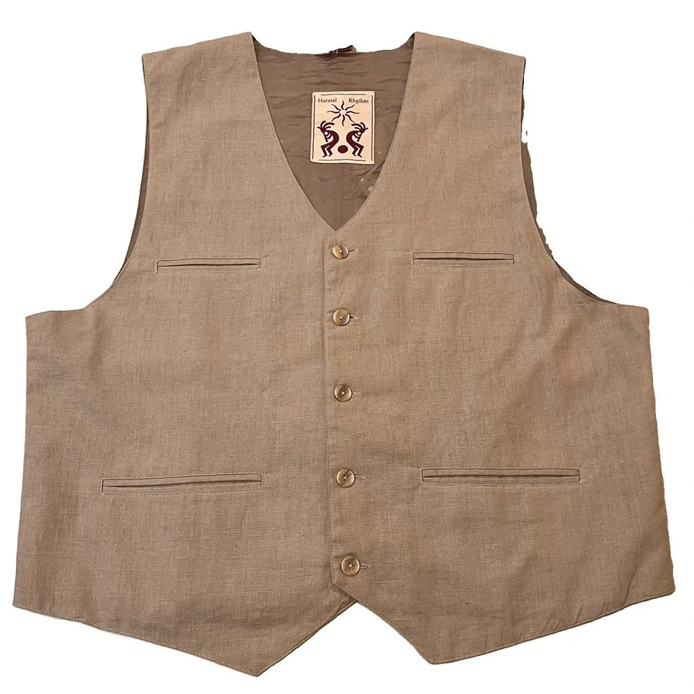 Vtg Natural Rythms Safari Linen Vest Waist Coat L Hand Painted Tiger Pockets Art